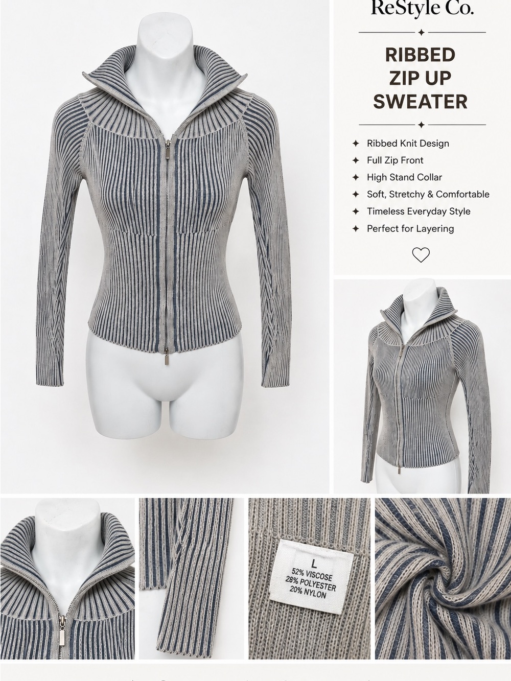 Ribbed Zip-Up Cardigan Sweater — Gray